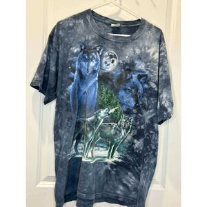 The Mountain Wolf Graphic Tie Dye T-Shirt Blue Nature Animal Moon Vintage Style